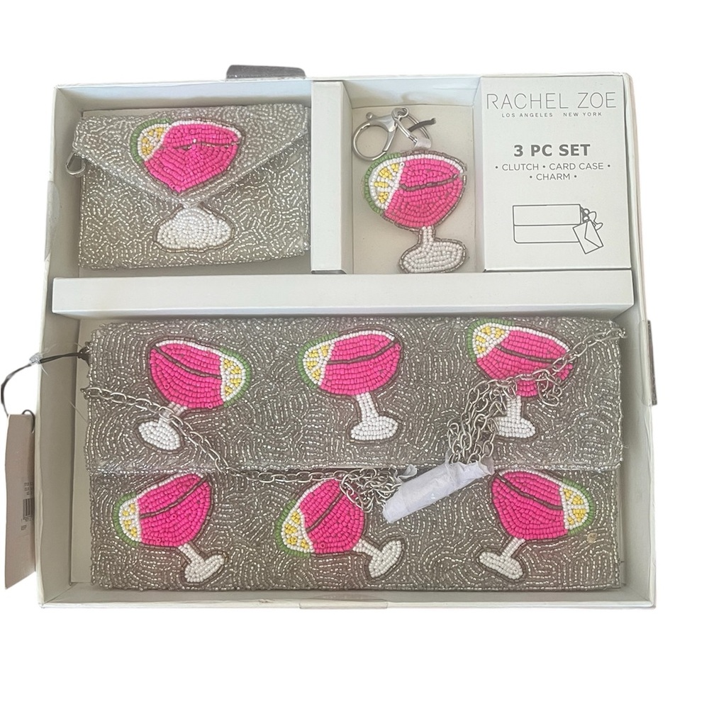 Rachel Zoe Silver and Pink 3 Piece Cocktail Clutch, Card Case and Charm Set